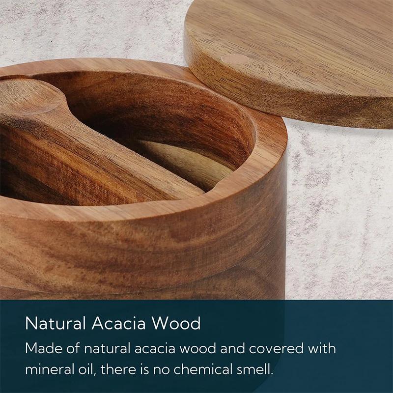 Bol à sel et à poivre en bois d'acacia avec couvercle et cuillère Adave à sel d'acacia avec 360 °   