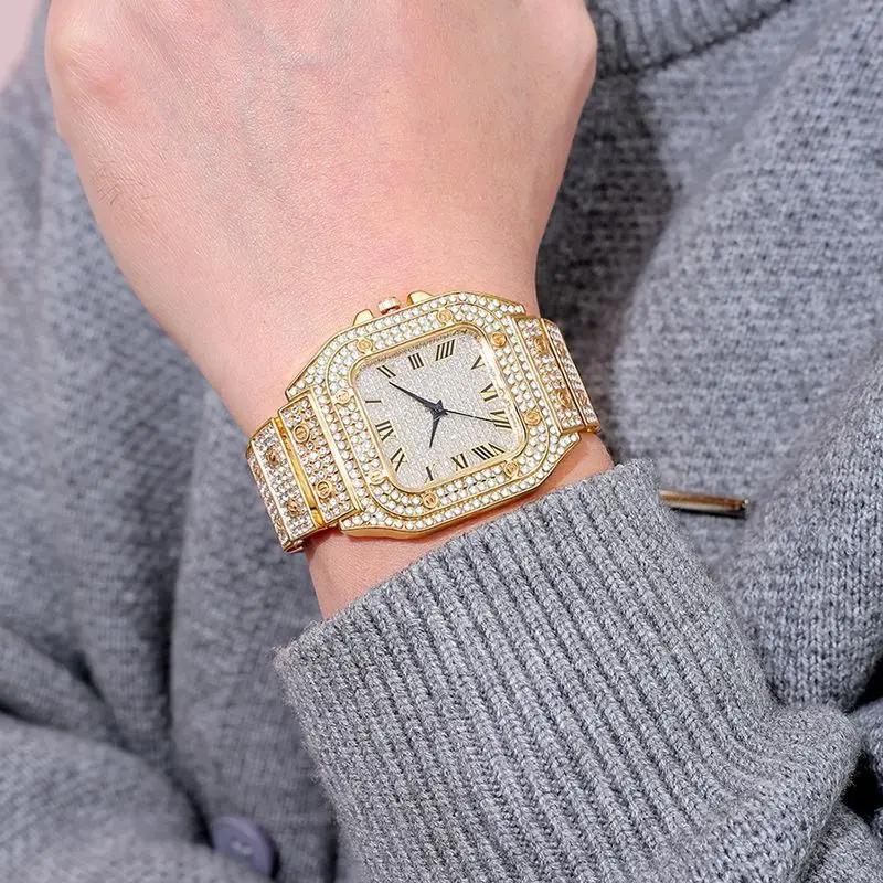 Montres pour hommes de luxe de marque bracelet en alliage élégant Hip Hop diamant or Date Montre à Q