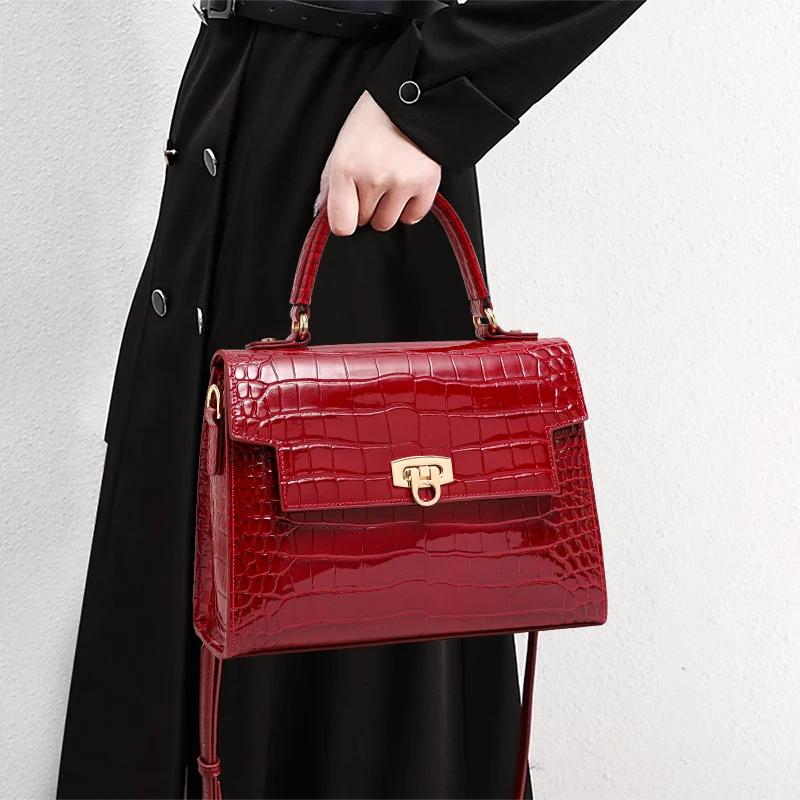 Sac à main en peau de crocodile laquée pour femme, couche supérieure, style peau de vache, haute qua