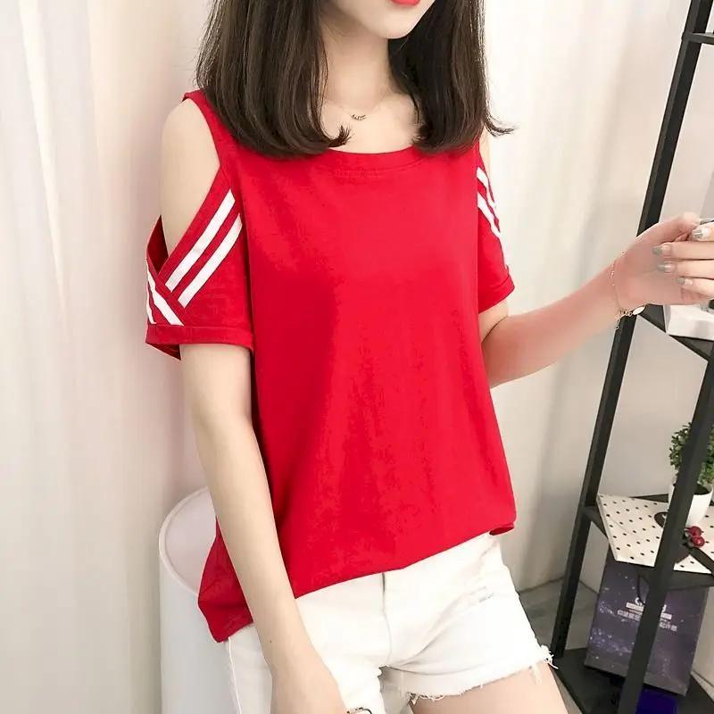 T-shirt ample à manches courtes pour femme, haut estival et fin, surdimensionné, à épaules dénudées,
