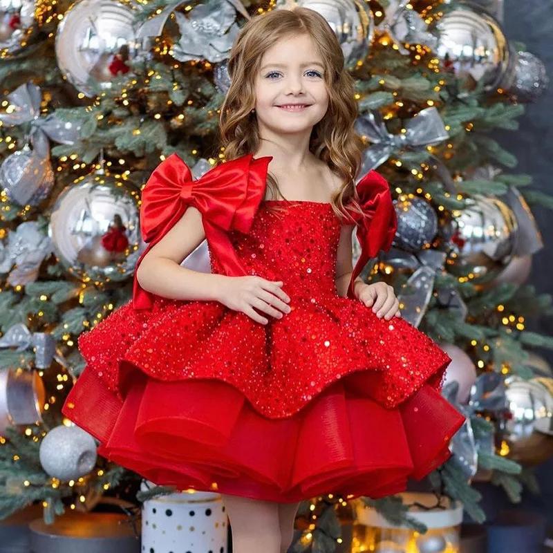 Nouvelle Robe de Noël 2026 pour Enfants, Robe de Princesse à Fleurs et Paillettes pour Mariage, Jupe