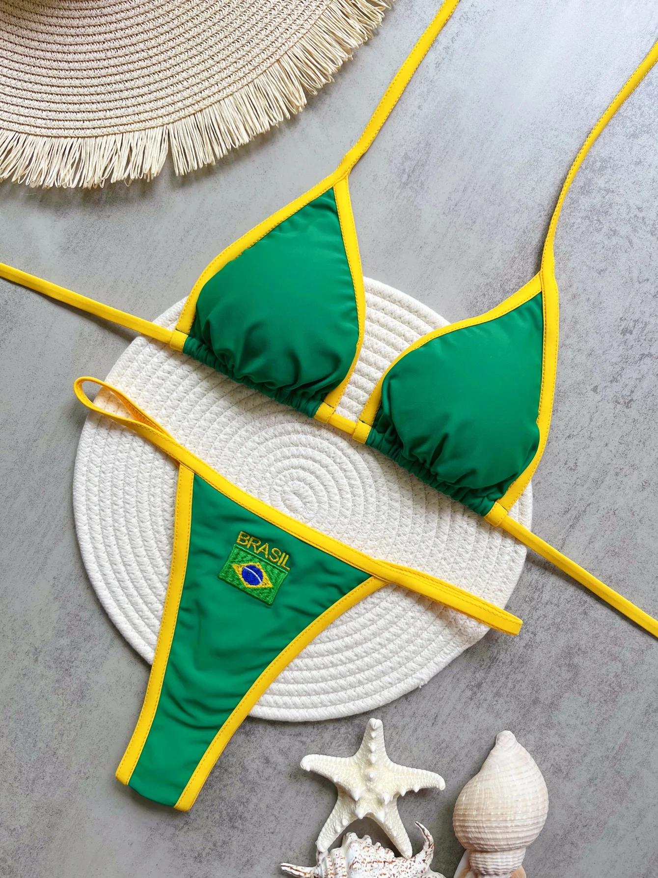 RUOTONSEPT Sexy broderie drapeau du brésil contraste fendu Bikini ensemble femmes maillots de bain P