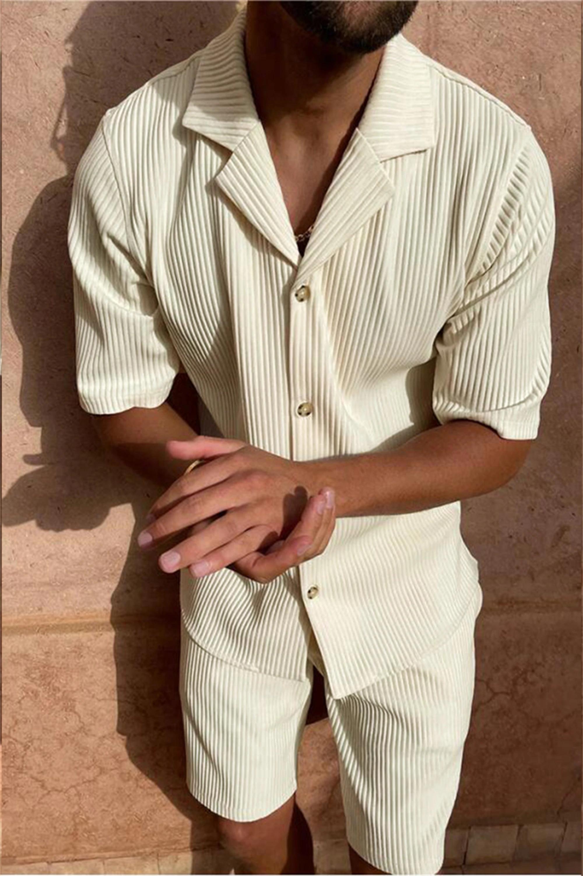 Costume printemps/été en velours côtelé de couleur unie, chemise à manches courtes et short extensib