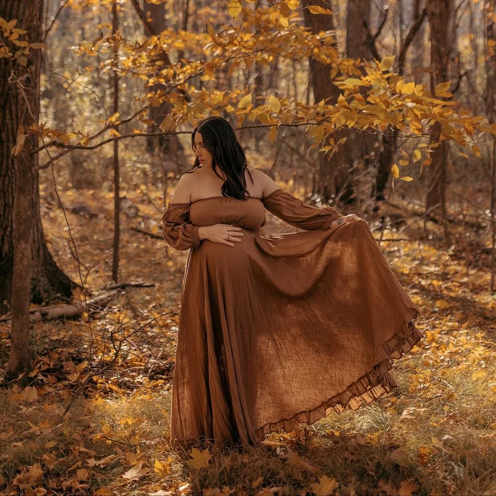 Robe de grossesse bohème pour séance Photo, en lin doux, en coton, épaules dénudées, bord plissé, ro