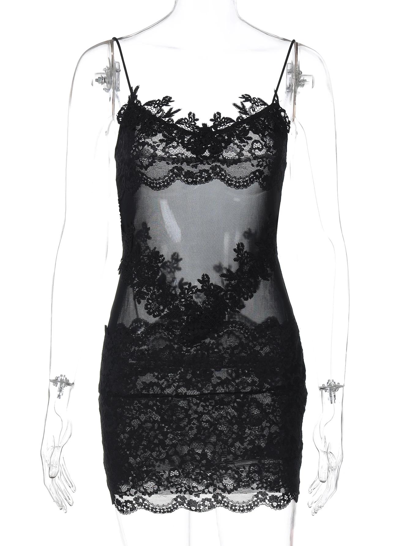 Hugcitar femmes mode dentelle solide glisse Patchwork Sexy mince voir à travers Mini robe été vacanc