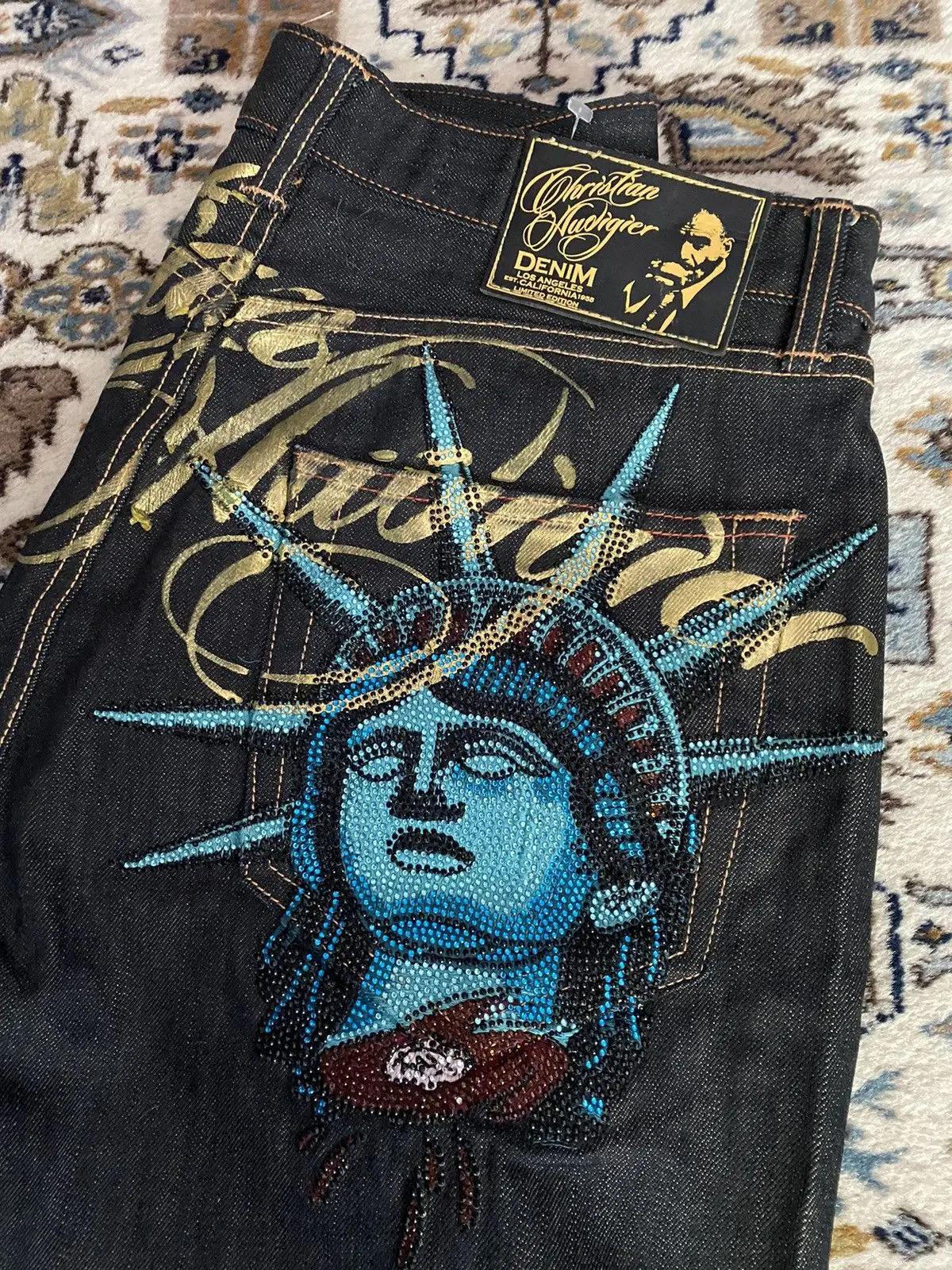 Jean décontracté vintage années 2000 avec motif Statue de la Liberté et diamants, taille haute, coup