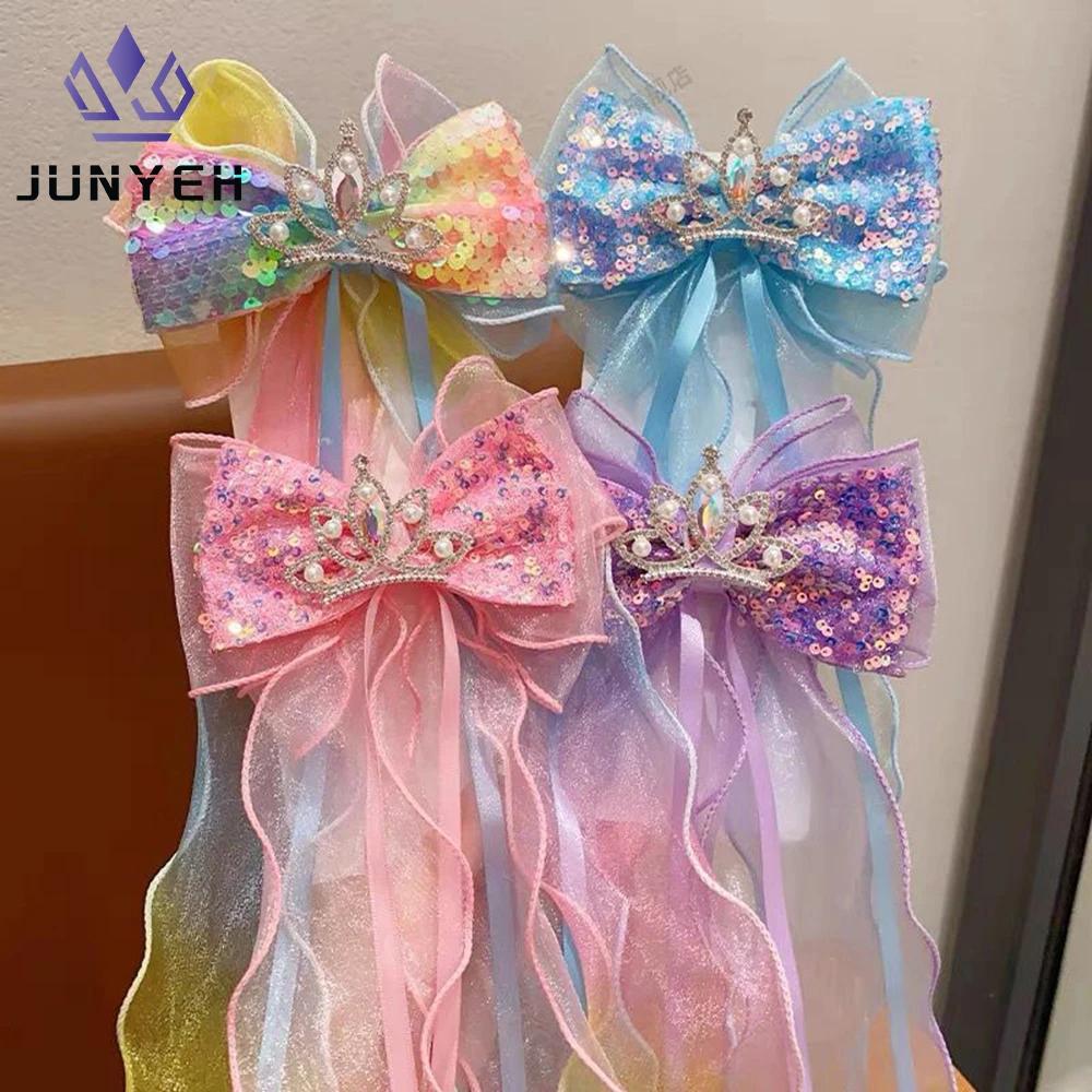 Épingle à cheveux flocon de neige, grand nœud, ruban à paillettes, Clips supérieurs, couronne de pri