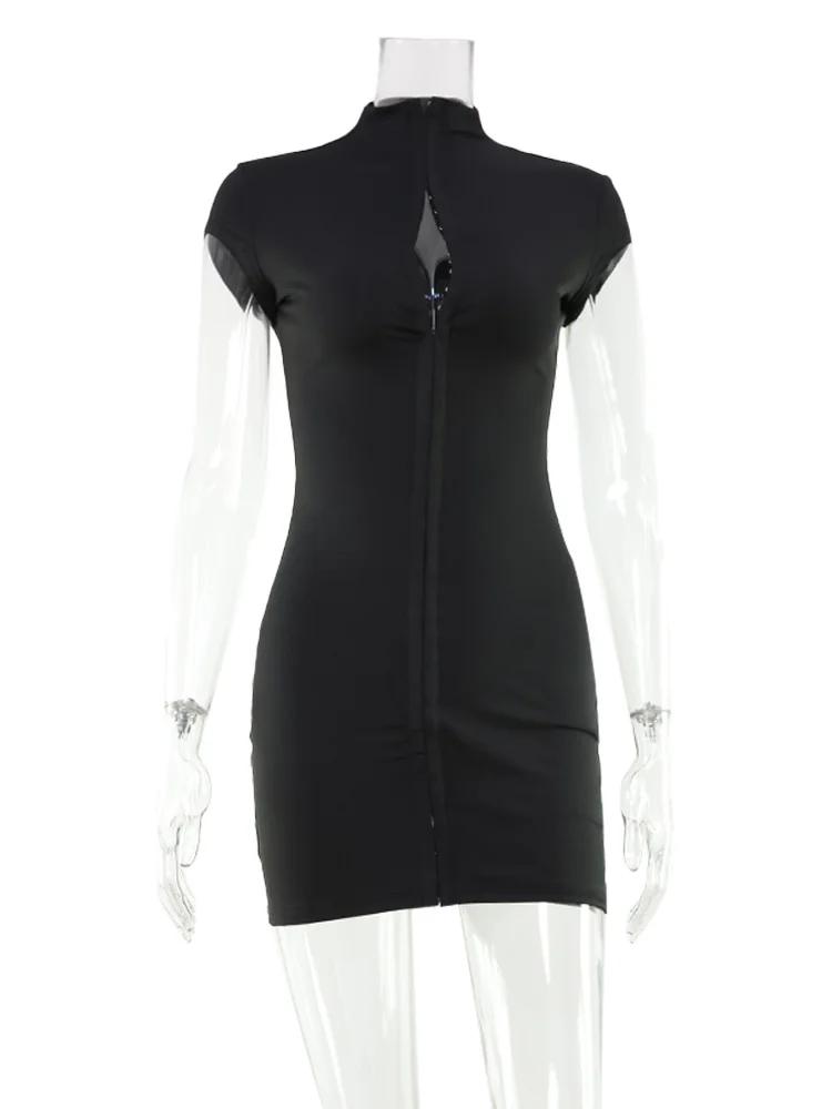 Ahagaga Sexy Club femmes Mini robe solide demi col roulé manches courtes gaine Streetwear simple bou