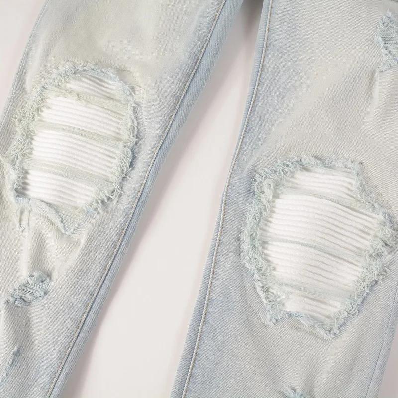 Jean de motard bleu clair pâle pour hommes, Patch plissé craquelé, pantalon en Denim extensible, Str