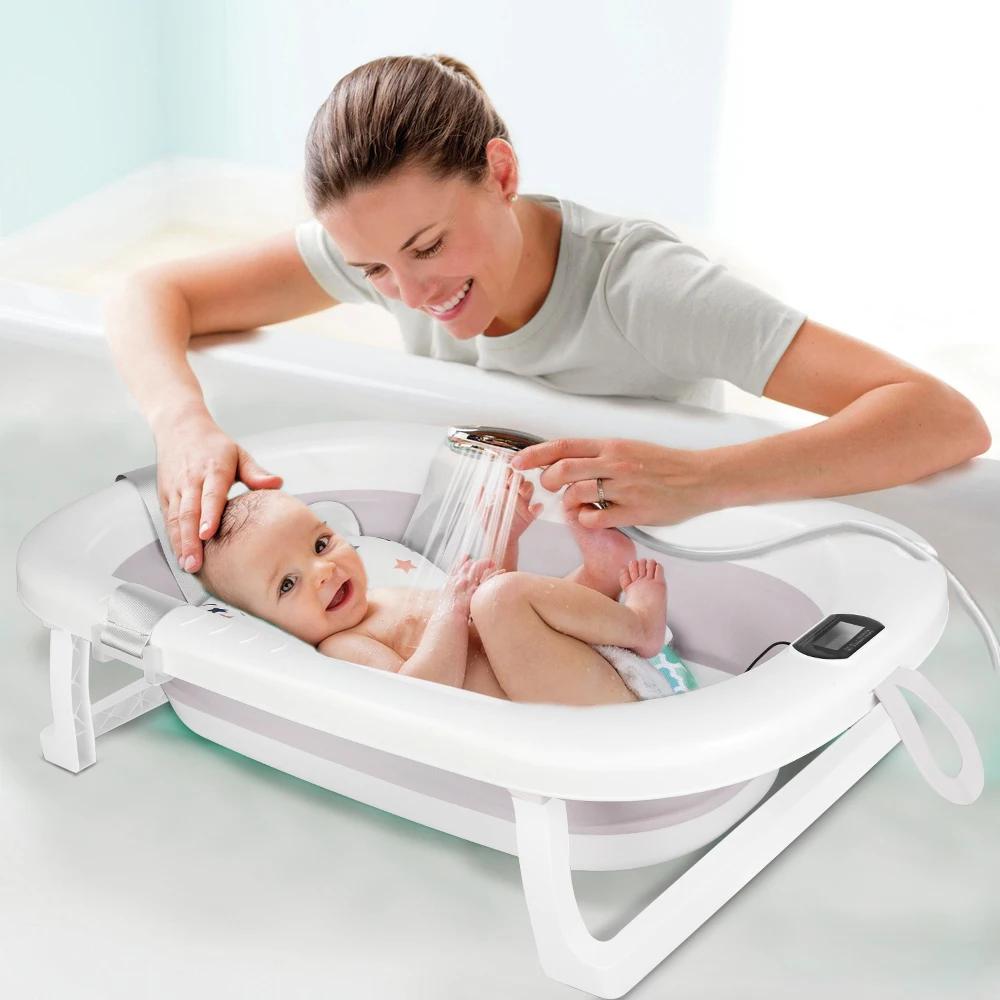 Baignoire bébé pliable avec thermomètre - Baignoire portable tapis de bain pour nouveau-nés 0-36 mois