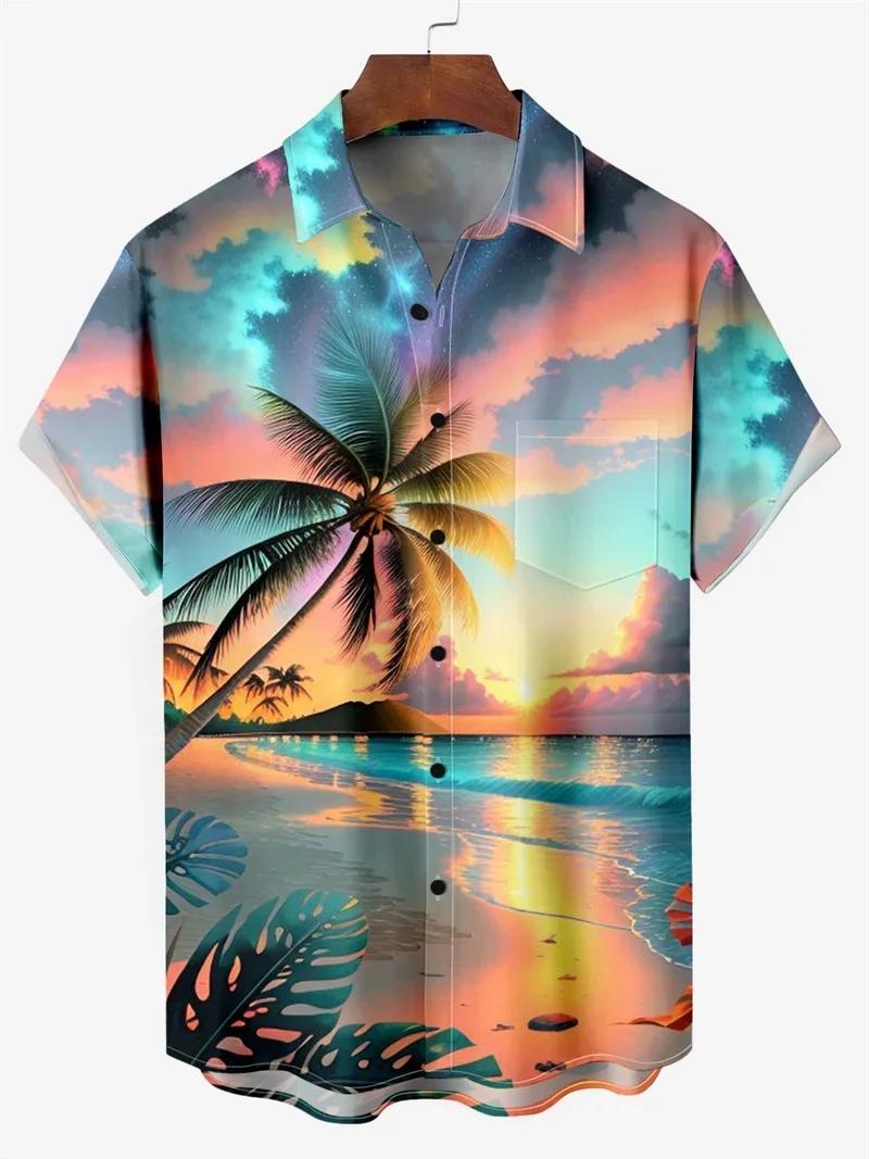 Chemise hawaïenne AMP Trees pour garçons, impression 3D, col coloré, chemise décontractée, manches c
