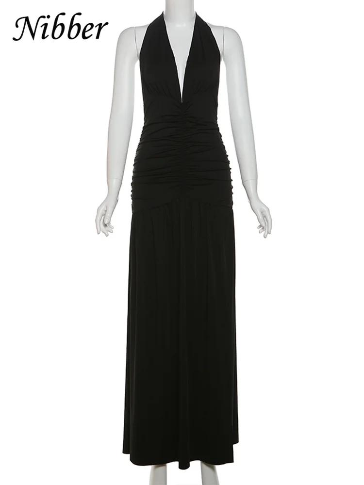 Nibber-Robe Longue Élégante pour Femme, Couleur Unie, Hipster, Col en V, Dos aux, Froncée, Fente Lat