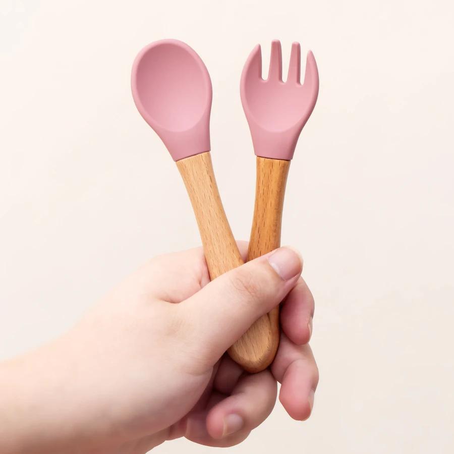 Ensemble d'ustensiles cuillères d'apprentissage pour bébé, 2 pièces, manche en bois de qualité alime
