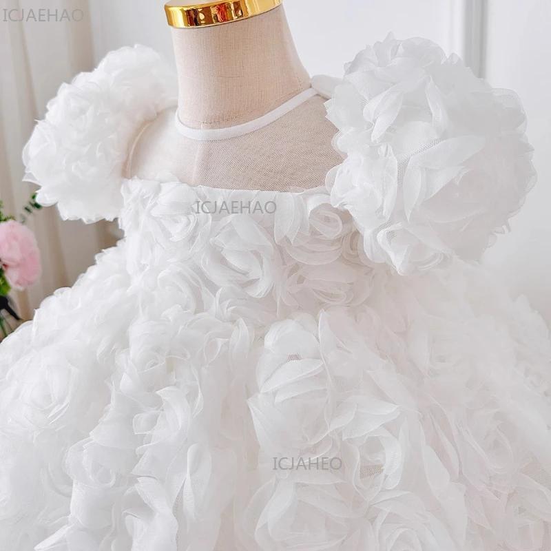 Robe de princesse blanche 2026 pour enfants, à manches courtes bouffantes, motif floral 3D, pour fêt