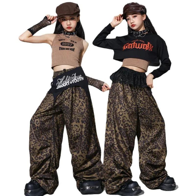 Vêtements de danse jazz pour enfants, tenue de scène Kpop pour filles, pantalon léopard, haut court 
