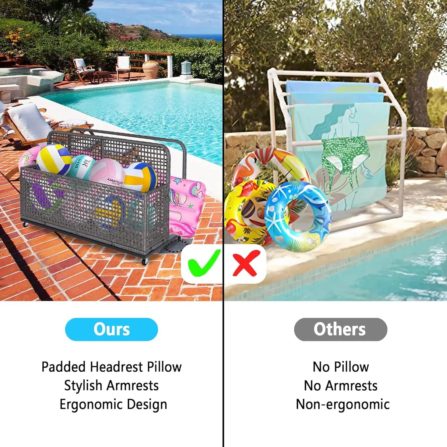Mir de rangement pour flotteurs au bord de la piscine, caddie de piscine extérieur en rotin PE avec 