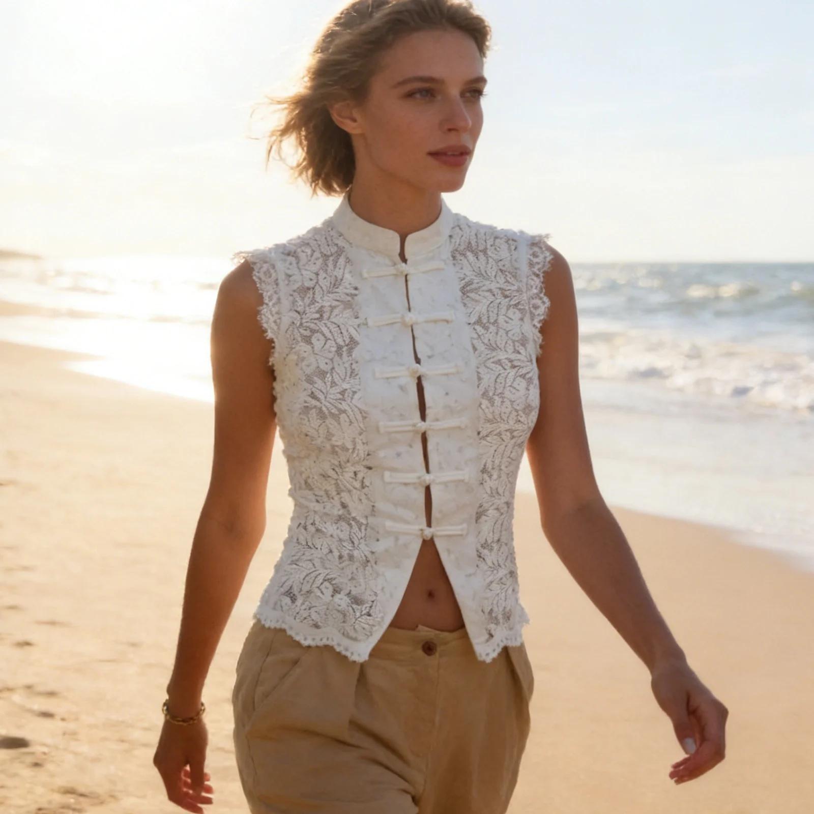 Débardeur court en dentelle couleur unie style Y2K avec boutons chinois, sans manches, pour femme, i