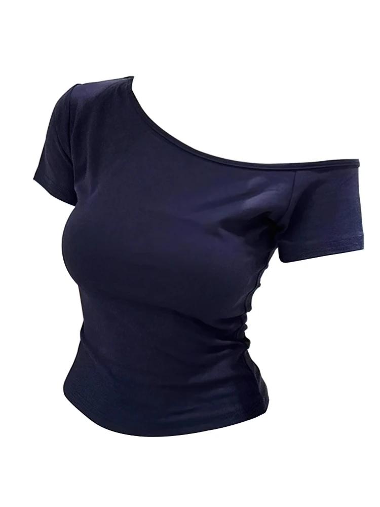 Haut d'été asymétrique pour femme, coupe ajustée, t-shirt à manches courtes, sexy, basique, chic cor