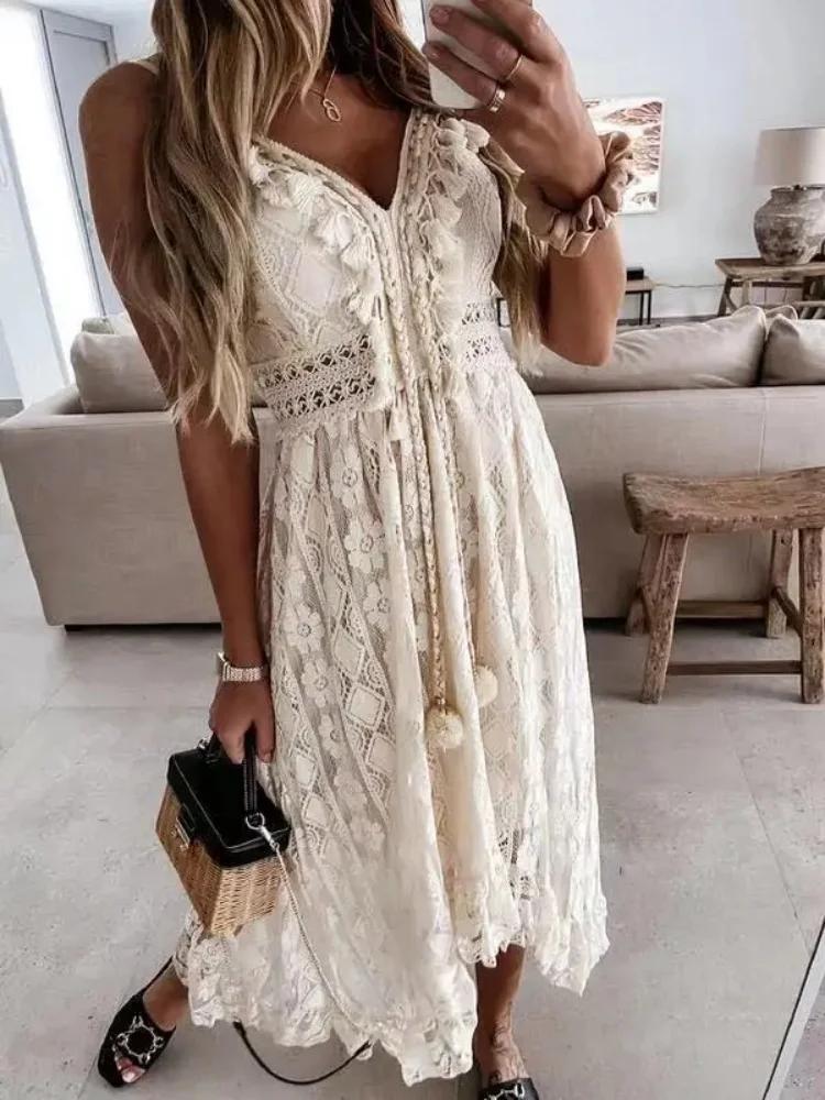 Robe longue en dentelle sans manches pour femmes, mode d'été, Sexy, plage, vacances, col en V, ajour