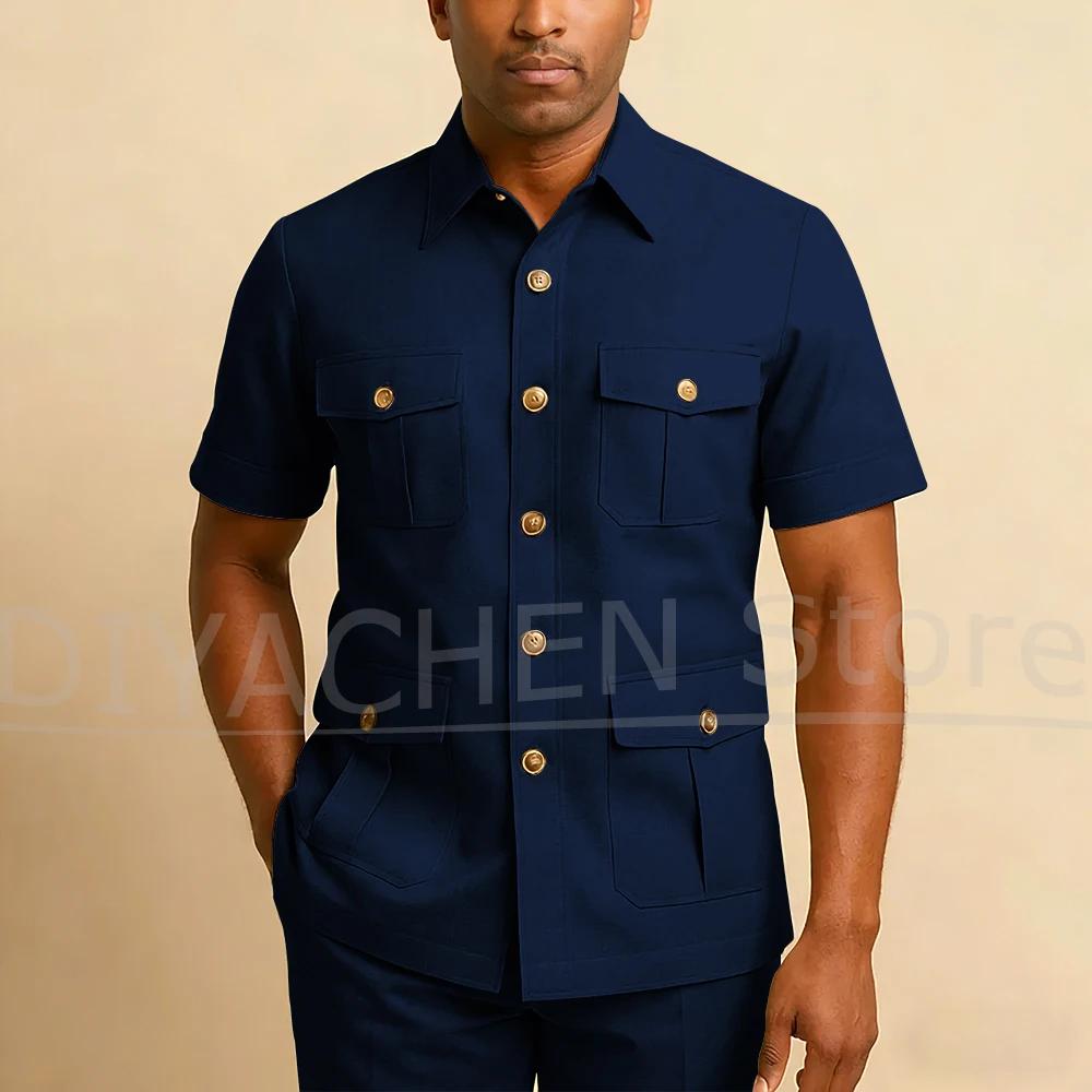 Ensemble de costume safari pour homme à manches courtes, 2 pièces, multi-poches, blazer et pantalon,