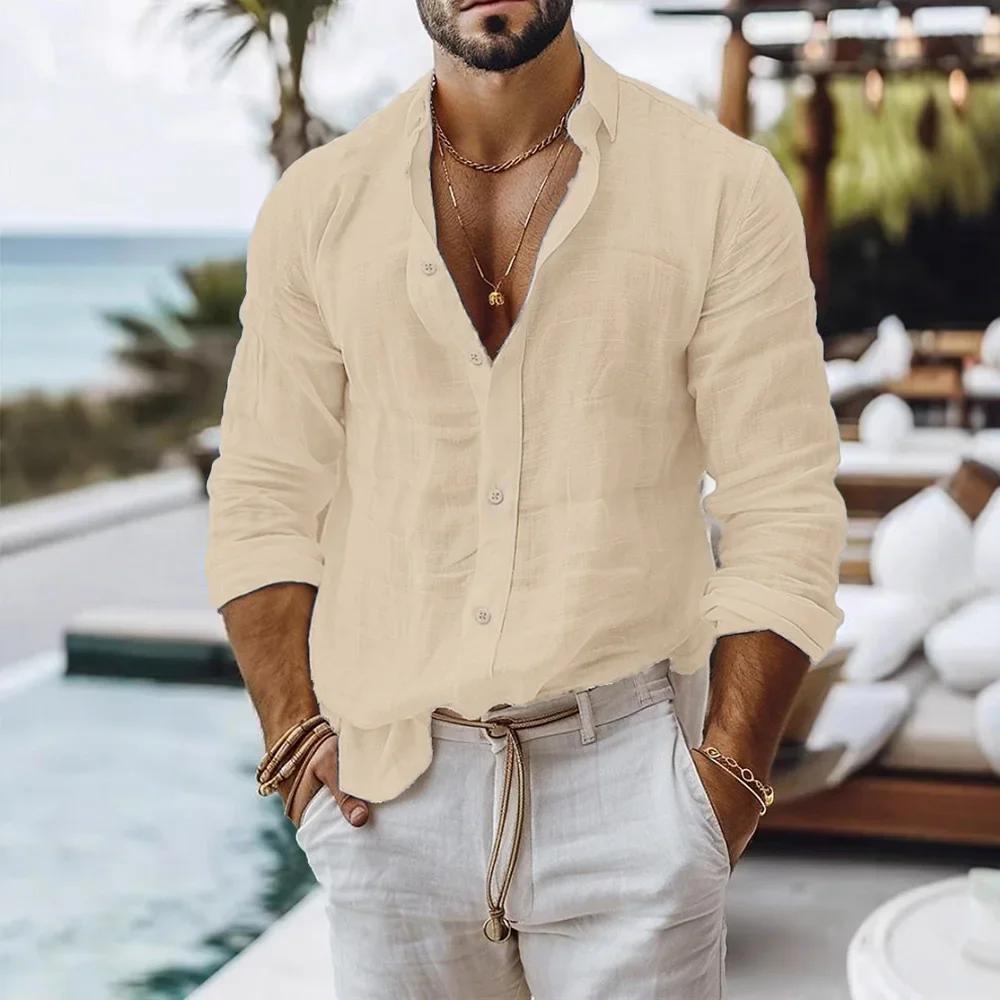 Chemise en coton et lin pour hommes, Style plage d'été, couleur unie, simple boutonnage, chemises re