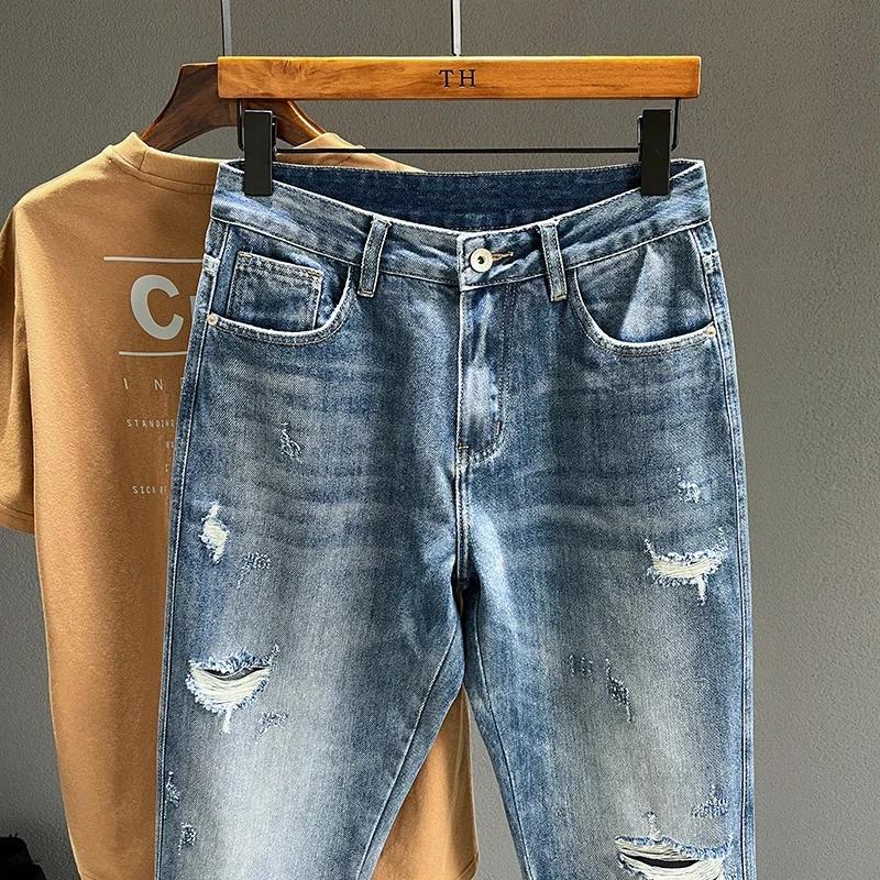 Jean Déchiré à Trous Coniques pour Homme, Denim Effiloché, Vintage, Décontracté, Bleu, Nouvelle Coll