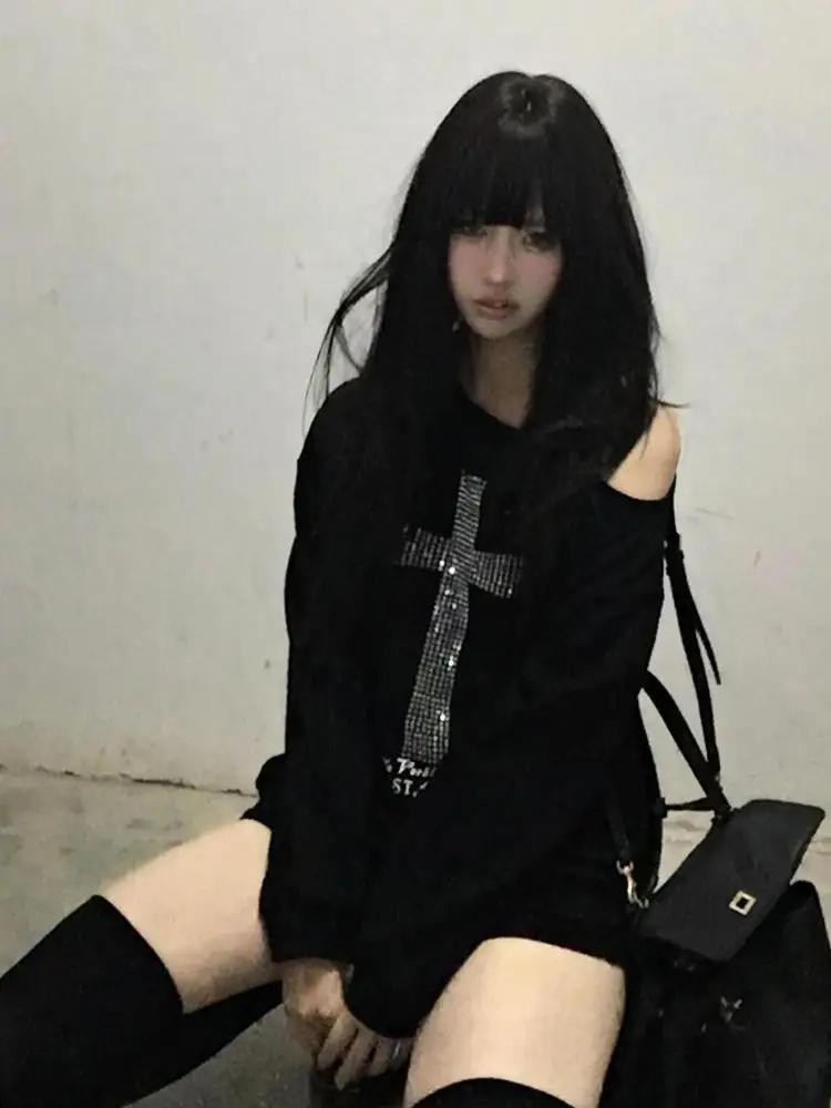 Sweat-shirt à capuche noir à manches longues pour femme, vêtement Harajuku Grunge des années 2000, a