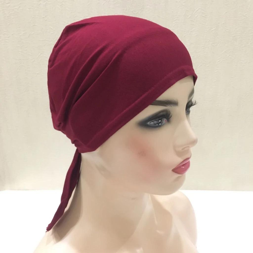 H048 coton uni cravate dos chapeaux Turban musulman couleur Pure extensible intérieur Hijabs sous-éc