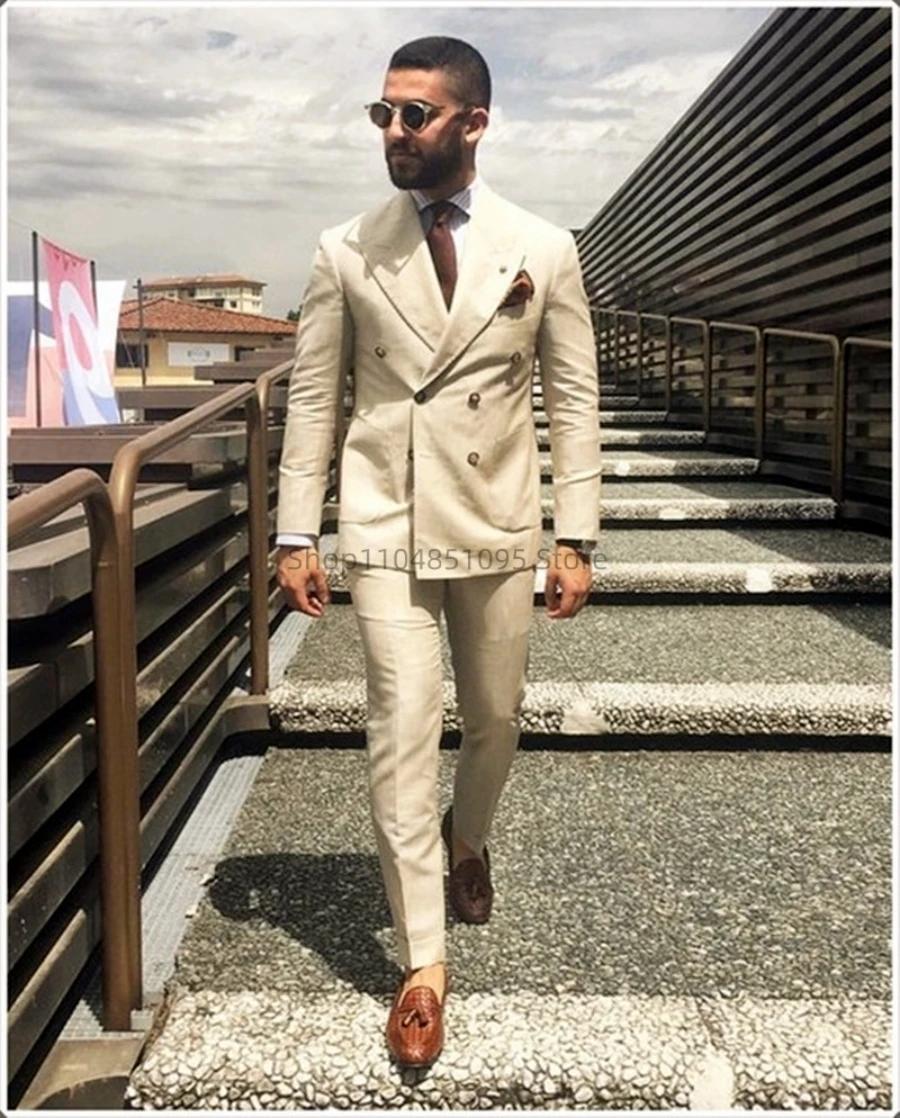 Costume décontracté pour hommes, couleur beige, costume de plage, costume de mariage, coupe slim, en