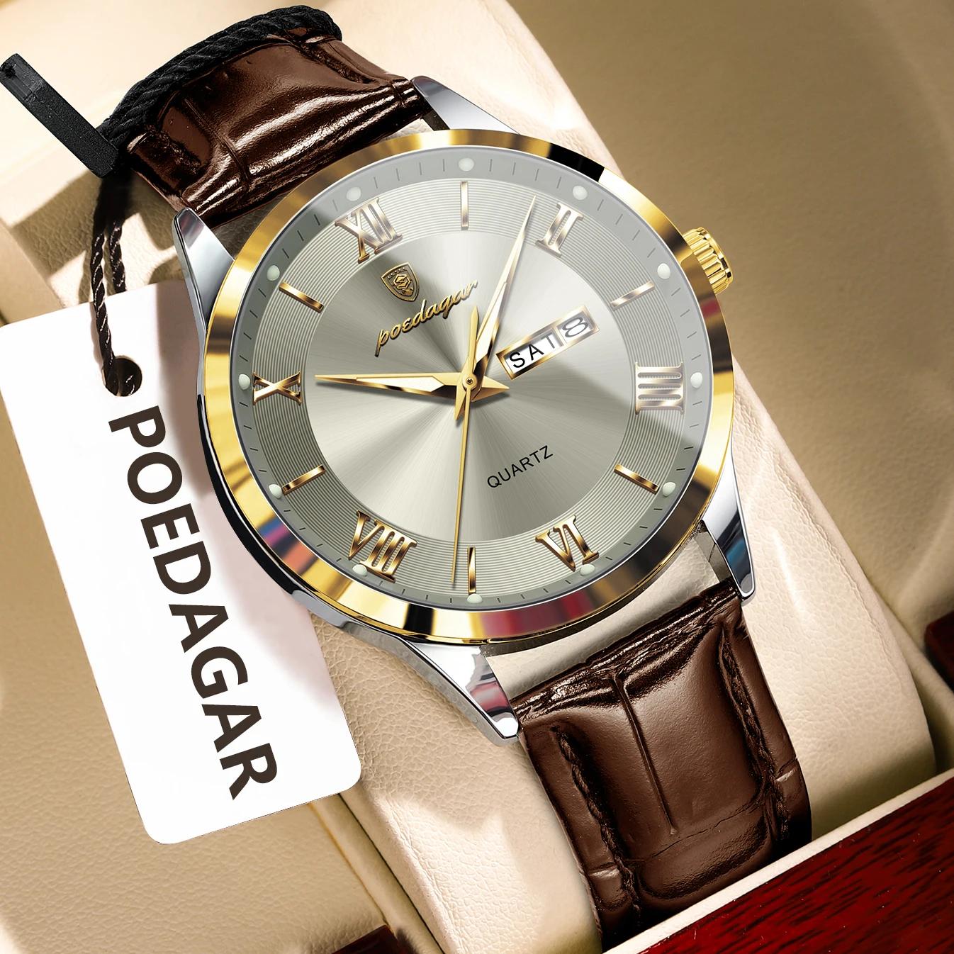 POEDAGAR Original montre de mode pour homme en cuir Date semaine Quartz hommes montre étanche lumine