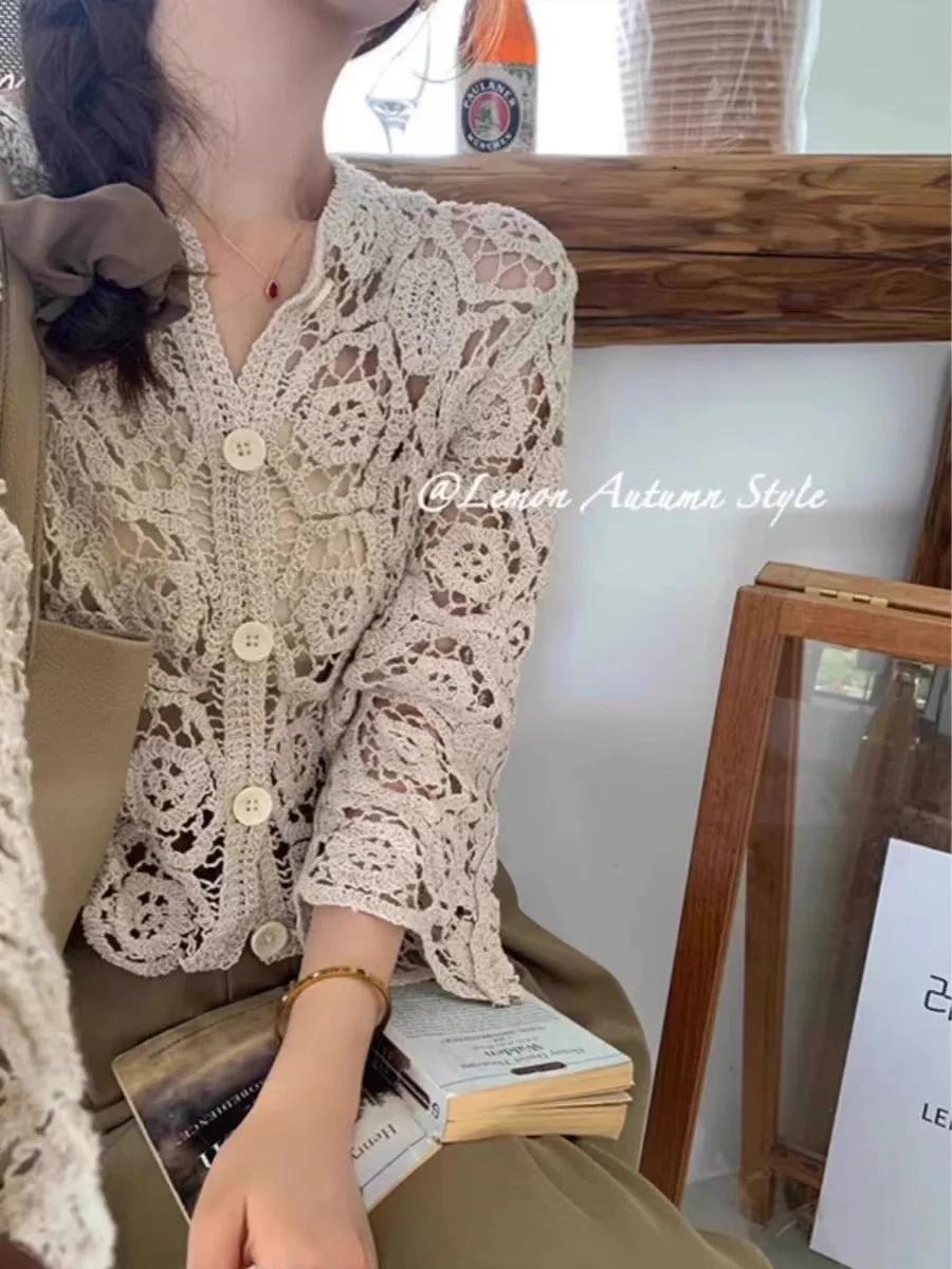 Manches longues Crochet haut en tricot plage Bikini couvrir boutonné Cardigan Blouse femmes blusas p