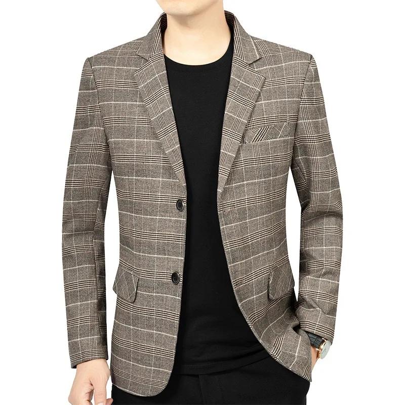 Blazer Homme Automne Tendance Rayé Contraste de Couleurs Veste de Costume Masculine Col Rabattu Manc