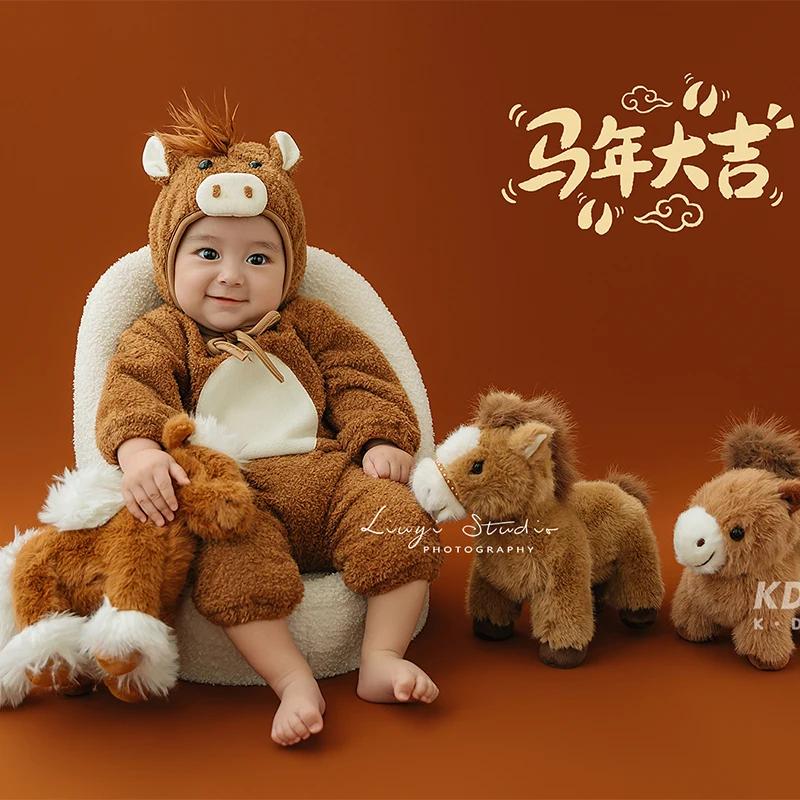 Tenue de photographie pour nouveau-né en forme de cheval avec accessoires en peluche, adorable ensem