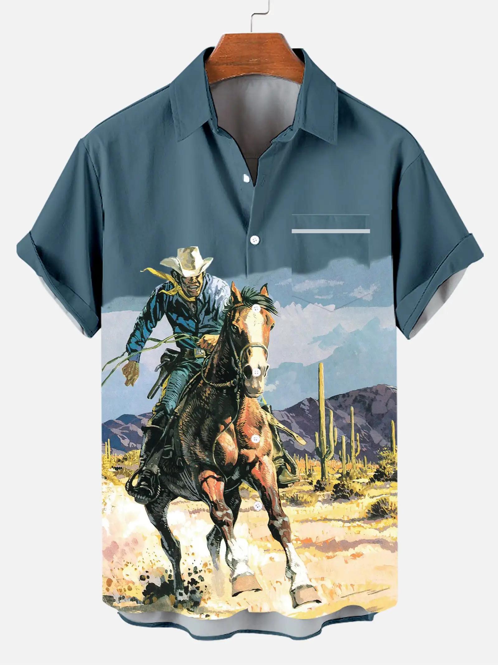 Chemise de cowboy équestre rétro décontractée pour hommes, impression 3D, chemise à col coloré, chem