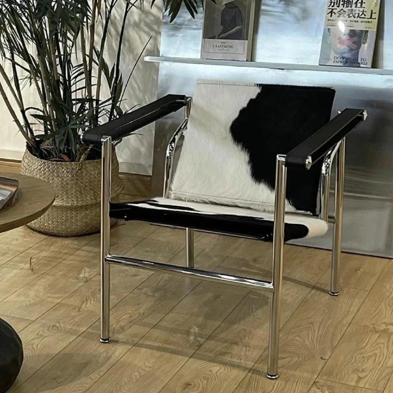Chaise de loisirs simple en cuir et acier inoxydable, chaise pivotante d'étude de balcon de salon, c
