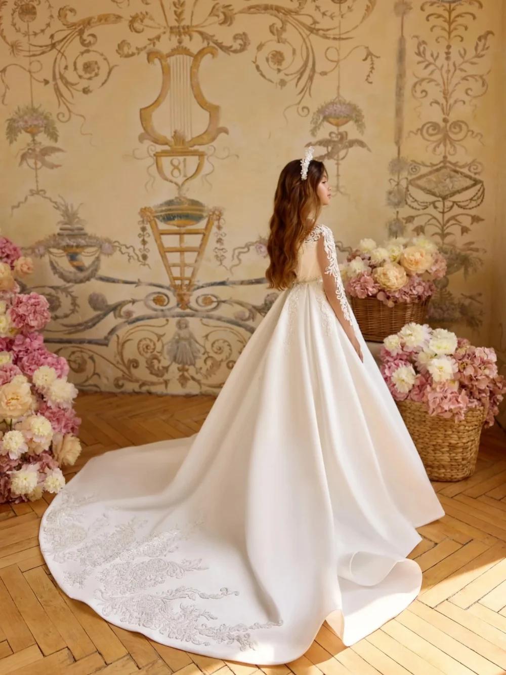 Robe de princesse en Satin blanc pour enfants, robe de bal avec perles brodées, en Tulle, à manches 