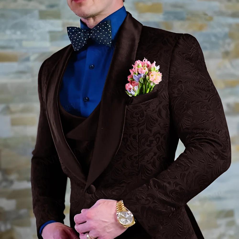Costume bleu marine pour hommes, veste et pantalon en Jacquard, ensemble 3 pièces, smoking formel po