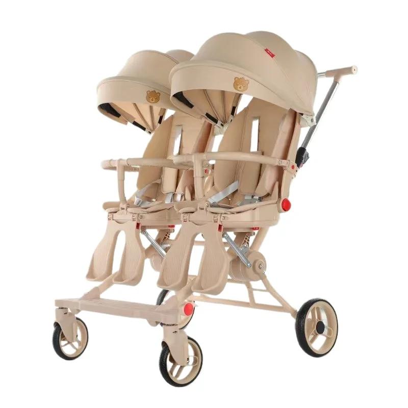 Poussette double réversible ‌   Cadre 4WD en acier au carbone avec auvent UV, landau pliable à une m