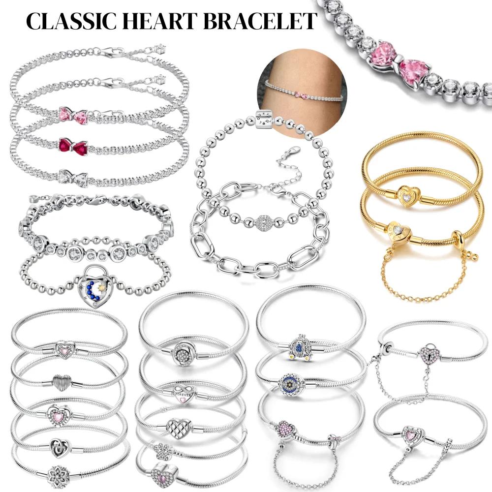 2025 Valentine nouveau 925 argent rose arc plein diamant Bracelet Original 17-20CM ajustement bricol