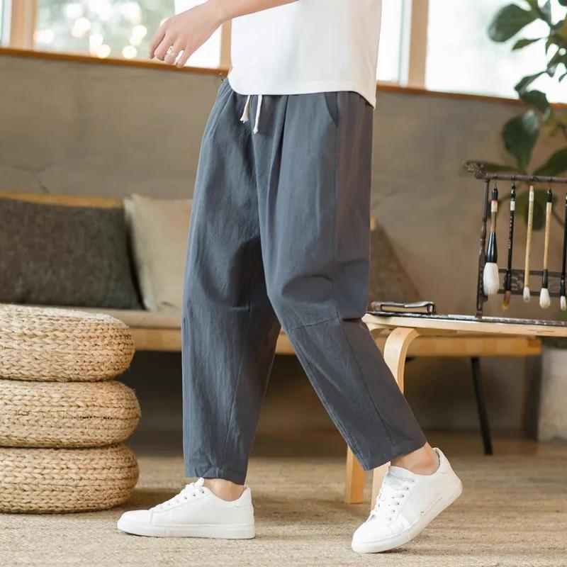 Nouveaux hommes lin léger pantalons de survêtement coton couleur unie respirant Joggers hommes Baggy