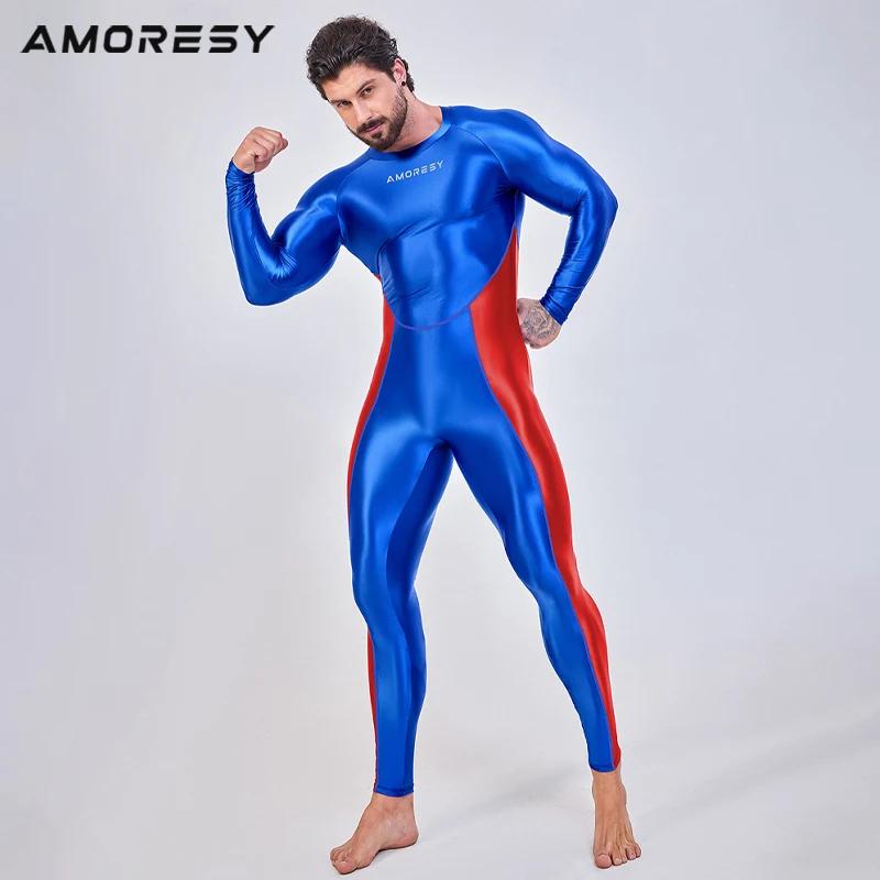 AMORESY hommes lisse pleine longueur survêtements une pièce collants combinaisons Spandex course bar