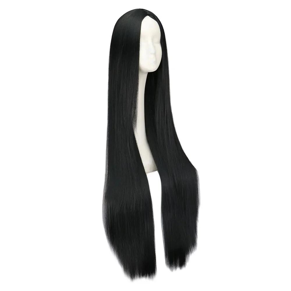 Perruque Synthétique Longue Noire de 100cm/40 ans, Cheveux Lisses, Degré de Chaleur, Costume de Carn