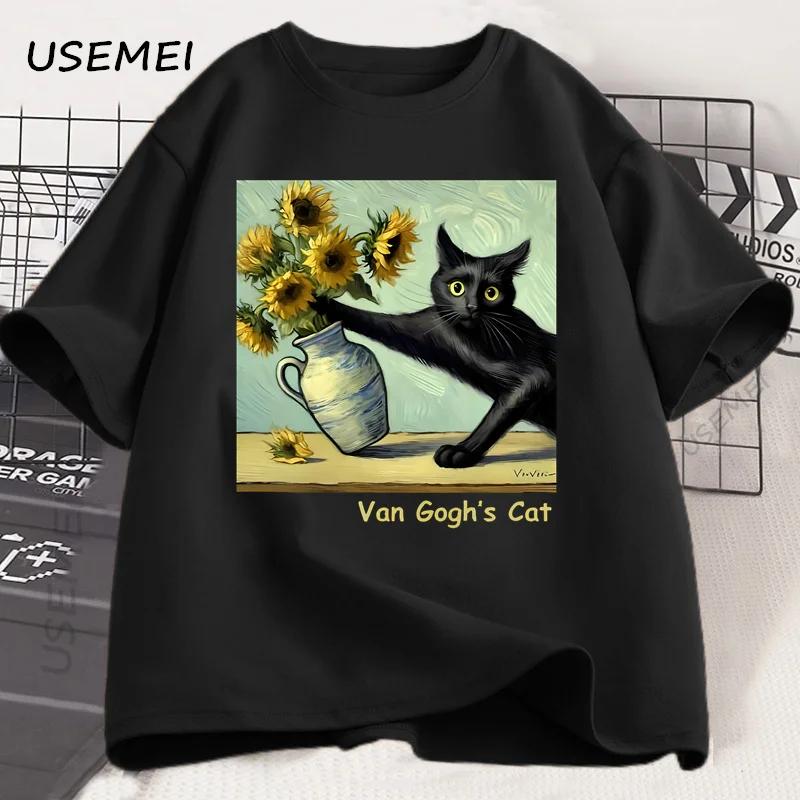 Van Gogh's chat Art impression T-shirt drôle Graphci t-shirts coton à la mode été ample à manches co