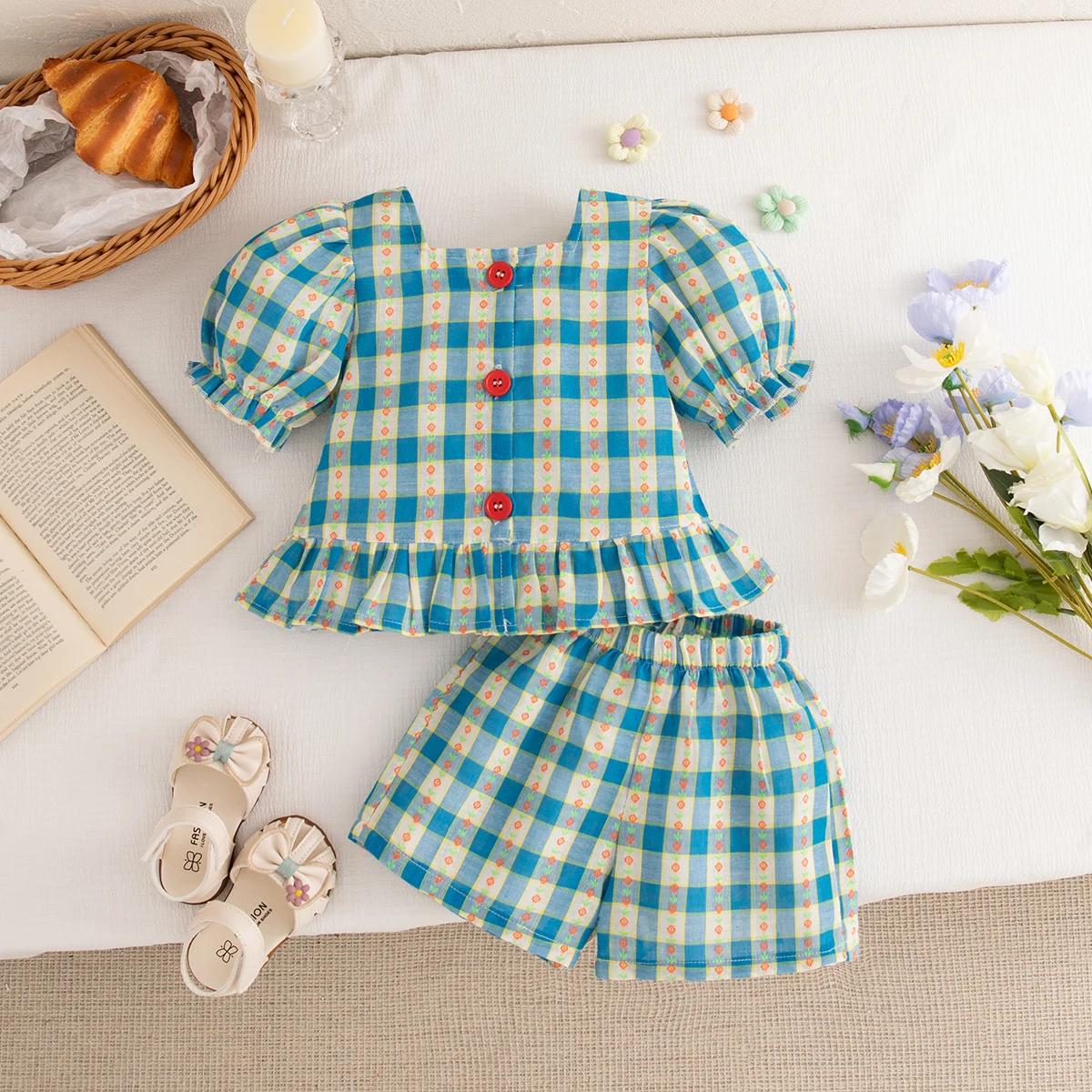 (0-3 ans) été bébé fille coton couleur Plaid bulle manches haut et short ensemble mignon princesse S
