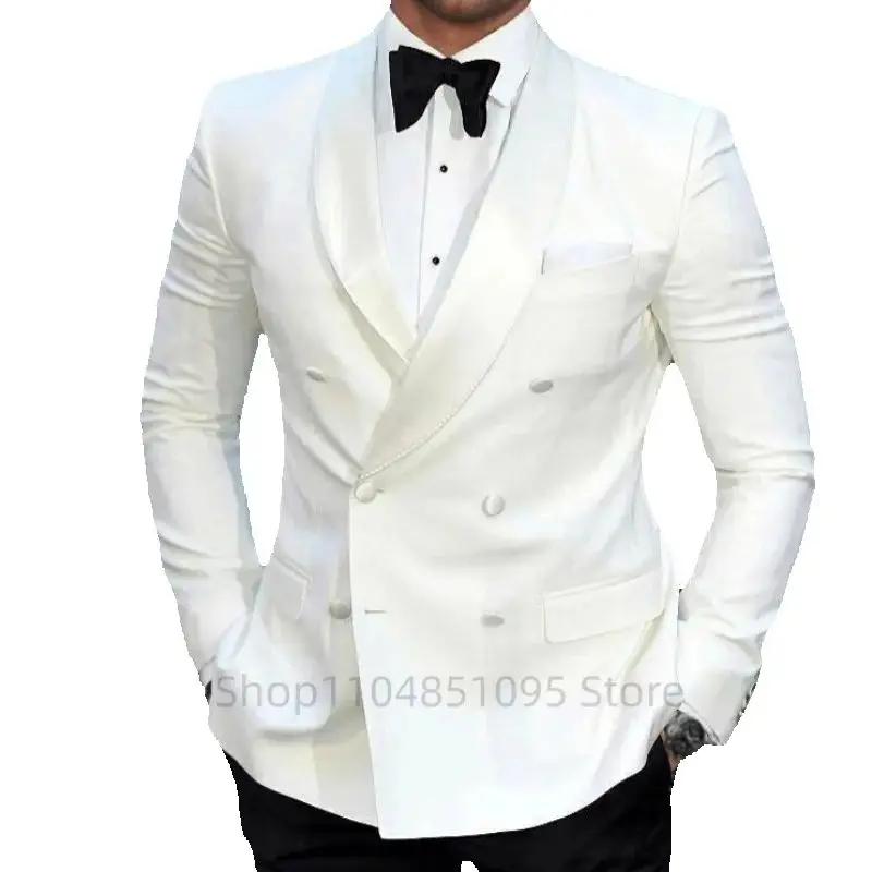 Costume de Mariage et d'Affaires 2 Pièces pour Homme, Couleur Ivoire, avec Blazer Croisé à Revers Po