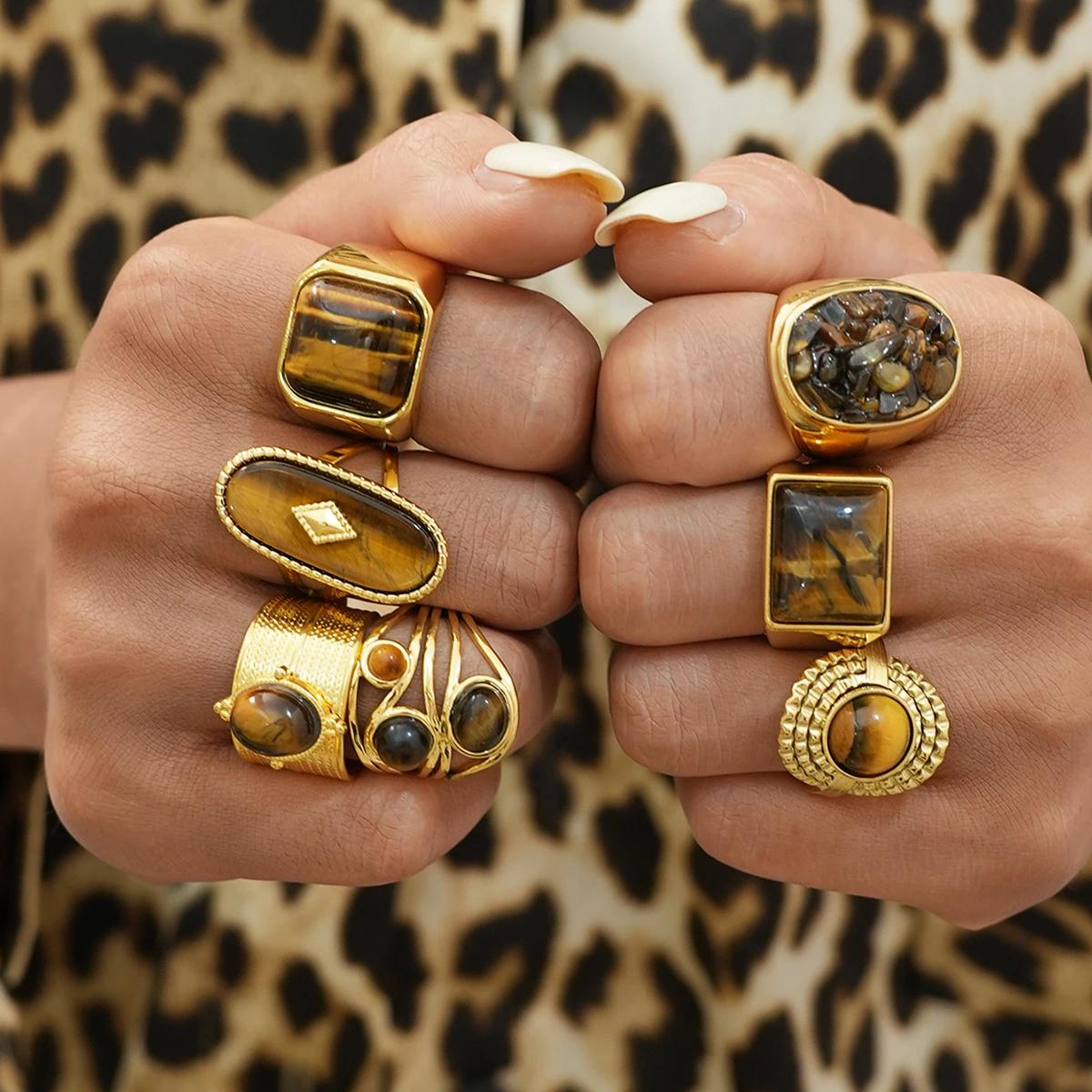 Bague ovale en pierre marron et acier inoxydable pour femmes, anneaux empilés réglables, bijoux cade