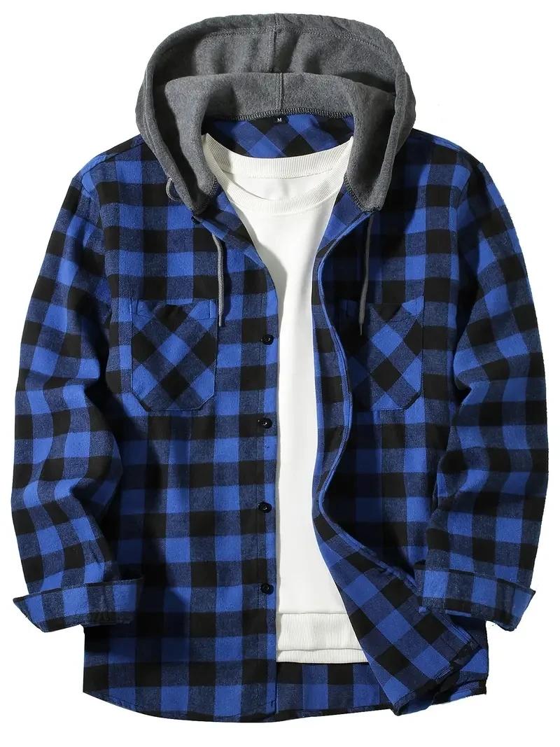 Chemise à carreaux à capuche coupe couvertes pour hommes, chemise à manches longues, chemise de voya