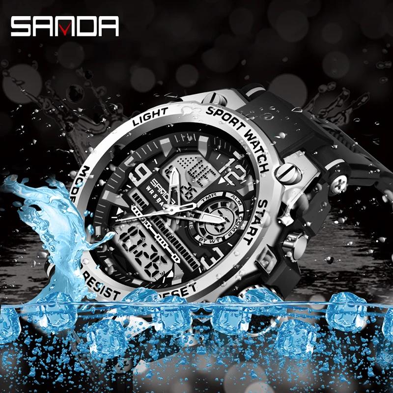 SANDA hommes sport montres à Quartz double affichage LED électronique numérique montres étanche mont