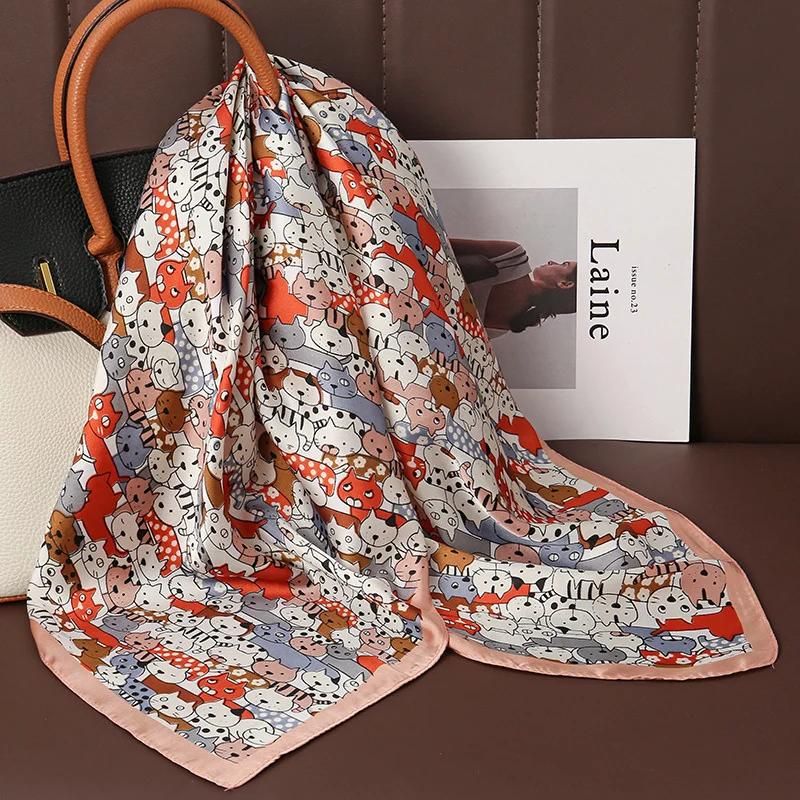 Foulard carré en Satin de soie imprimé de luxe pour femmes, châle Hijab, ruban pour cheveux, bandeau