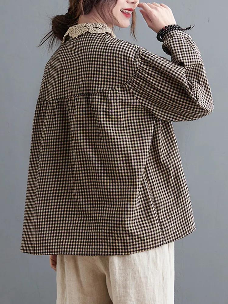 Chemises décontractées à manches longues pour femmes, style simple, col en dentelle, vintage, plaid,